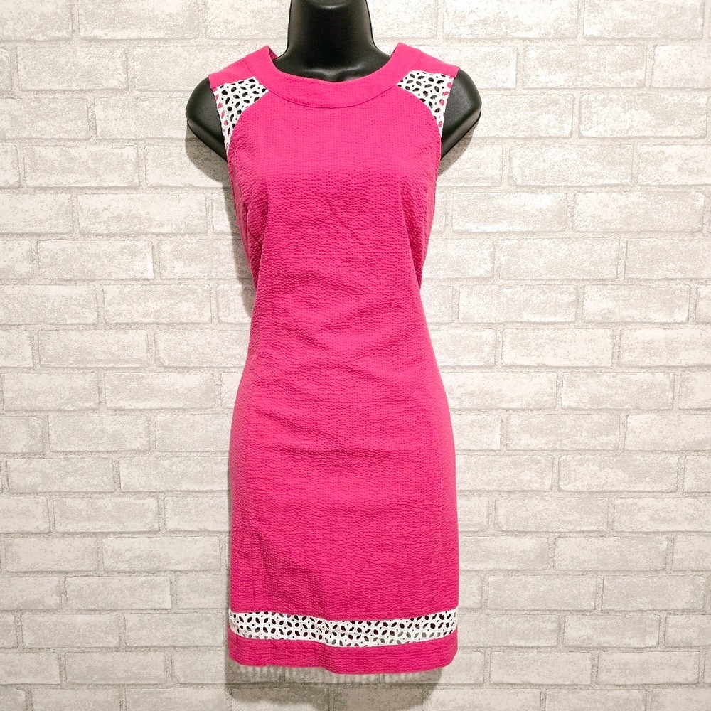 Lauren James Pink Seersucker Eyelet Shift Dress Cutout Back Womens Large L